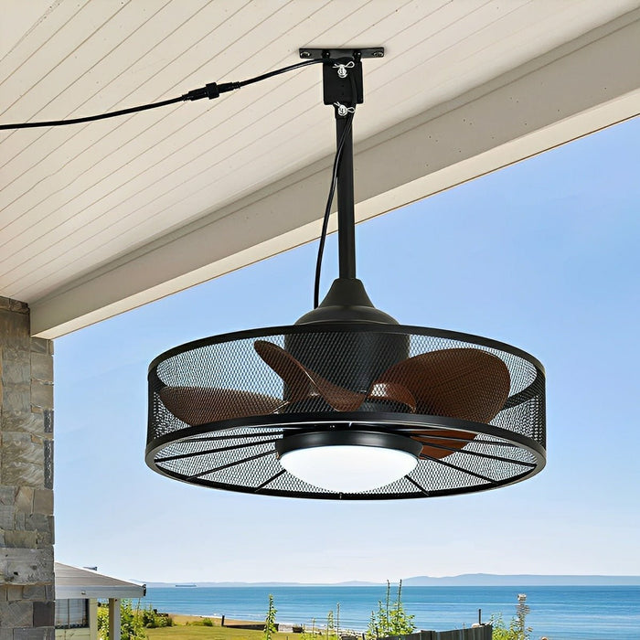 Outdoor DC Motor Ceiling Fan Light, Rustic Mesh Ring, Reversible Airflow, IP65 Waterproof for Patio/Porch/Gazebo