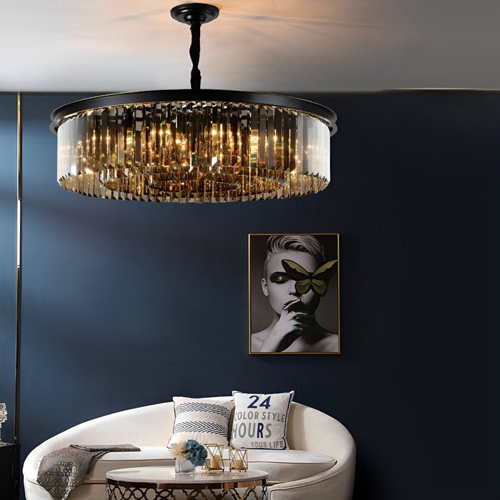 Crystal Chandelier, Modern Rustic Round Ceiling Light, Dining Room/Living Room Pendant, Adjustable Height