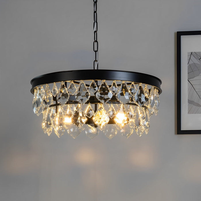 Crystal Raindrop Chandelier, Modern Rustic Round LED Ceiling Light for Dining Room/Living Room/Bar, Adjustable Height