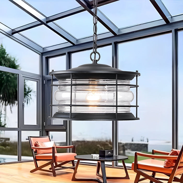 Outdoor Pendant Light, Rustic Modern Black Lantern, Super Bright LED, Adjustable Chain, Sunroom/Patio/Courtyard