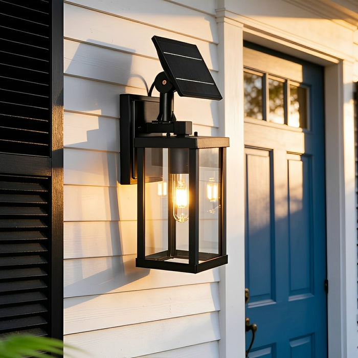 Solar Rustic Rectangular Outdoor LED Porch Wall Sconce - Waterproof Exterior Light Fixture