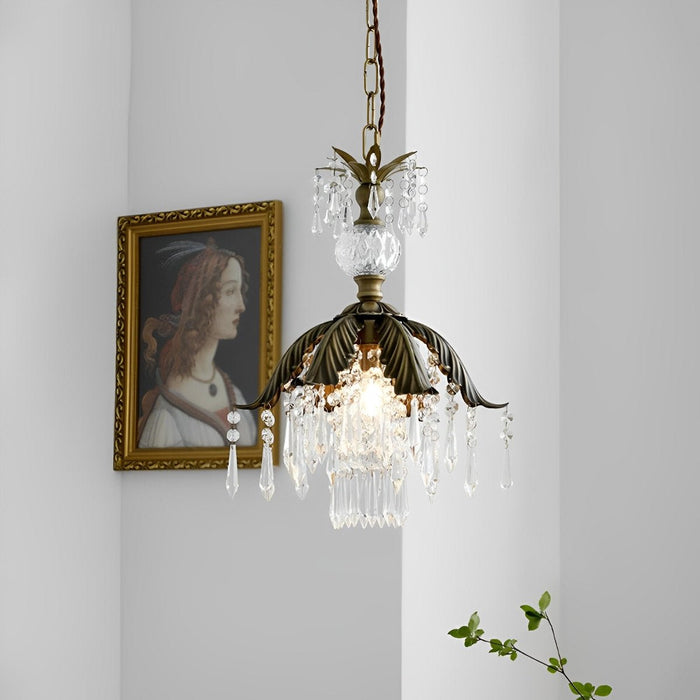 Rustic Retro Flower Crystal Chandelier Lighting - Vintage Brass Pendant Light