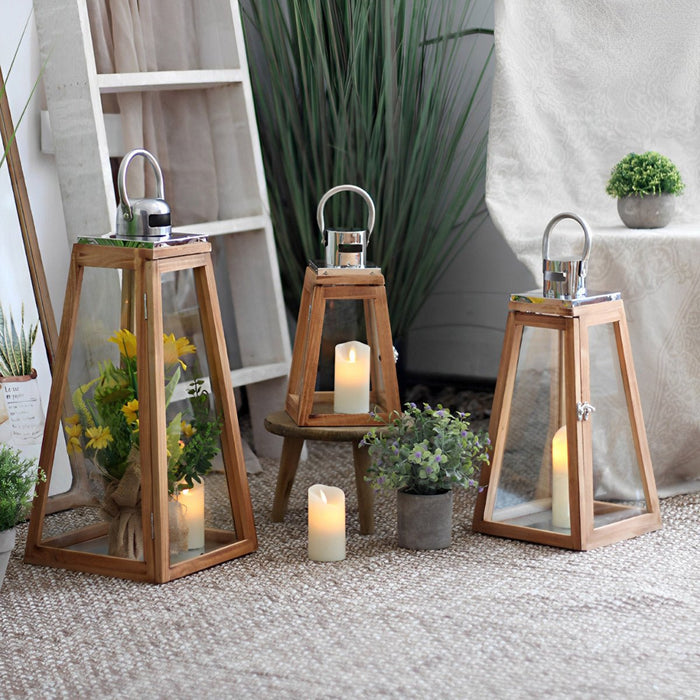 LED Candle Holder Lantern - Set of 3 Rustic Wood - Handmade Decorative Lanterns