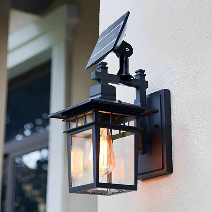 Outdoor Porch Wall Light - Solar Powered, Rustic Square, Waterproof LED Fixture