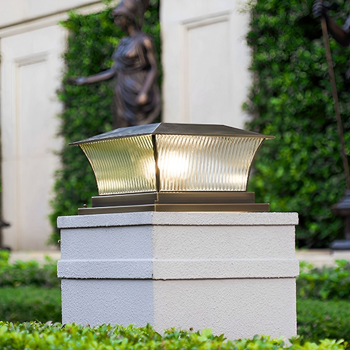 Copper Square Tower Post Light - Striped Glass, Outdoor LED, Solar/Hardwired
