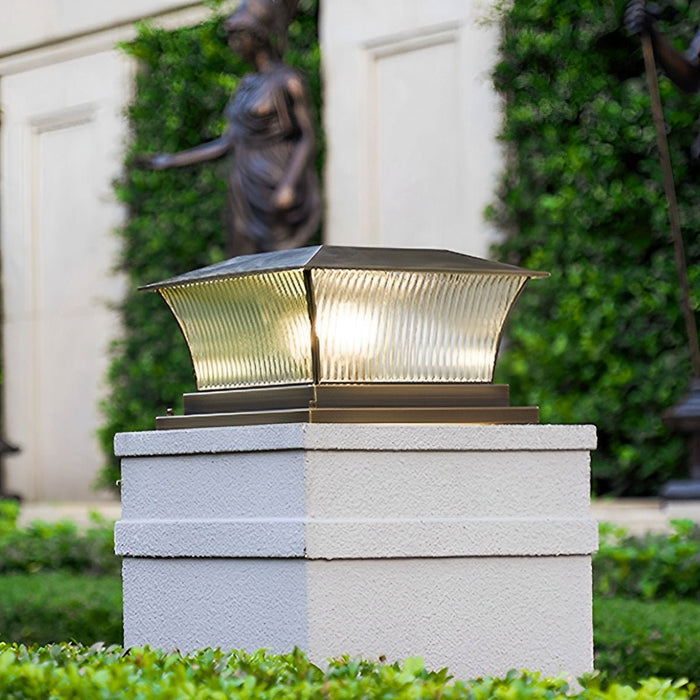 Copper Square Tower Post Light - Striped Glass, Outdoor LED, Solar/Hardwired