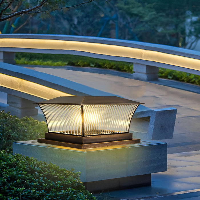 Copper Square Tower Post Light - Striped Glass, Outdoor LED, Solar/Hardwired