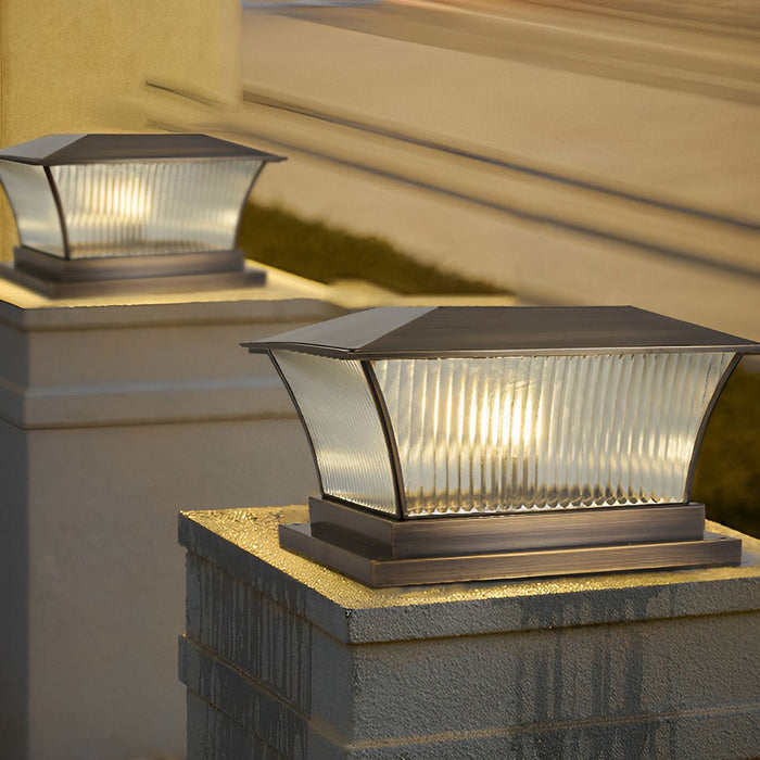 Copper Square Tower Post Light - Striped Glass, Outdoor LED, Solar/Hardwired