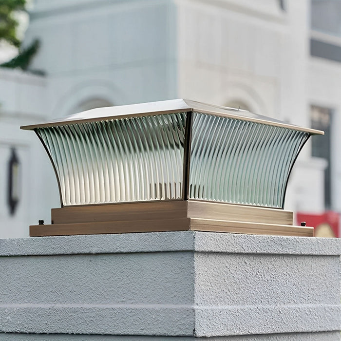 Copper Square Tower Post Light - Striped Glass, Outdoor LED, Solar/Hardwired