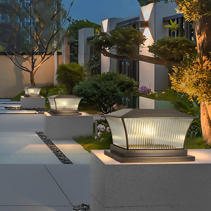Copper Square Tower Post Light - Striped Glass, Outdoor LED, Solar/Hardwired