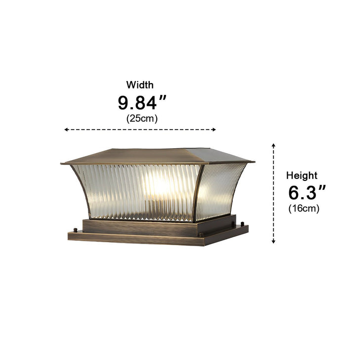 Copper Square Tower Post Light - Striped Glass, Outdoor LED, Solar/Hardwired