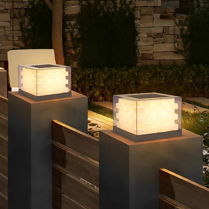 Solar Cubed Weave Outdoor Post Lights - Modern Square Pixel Cube, LED Post Cap / Pillar Light