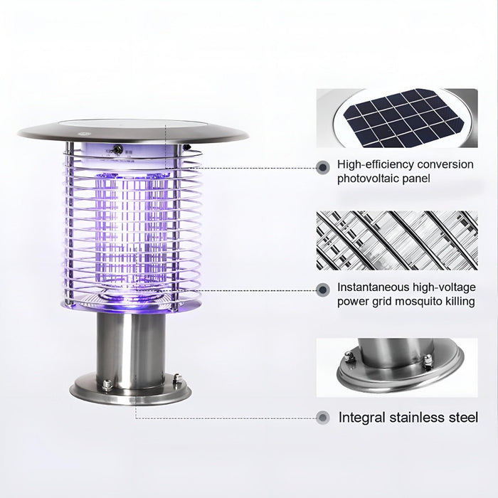 Outdoor Mosquito Bug Zapper Post Light - Solar Powered, Waterproof - LED Illumination / Insect Killer, Rechargeable