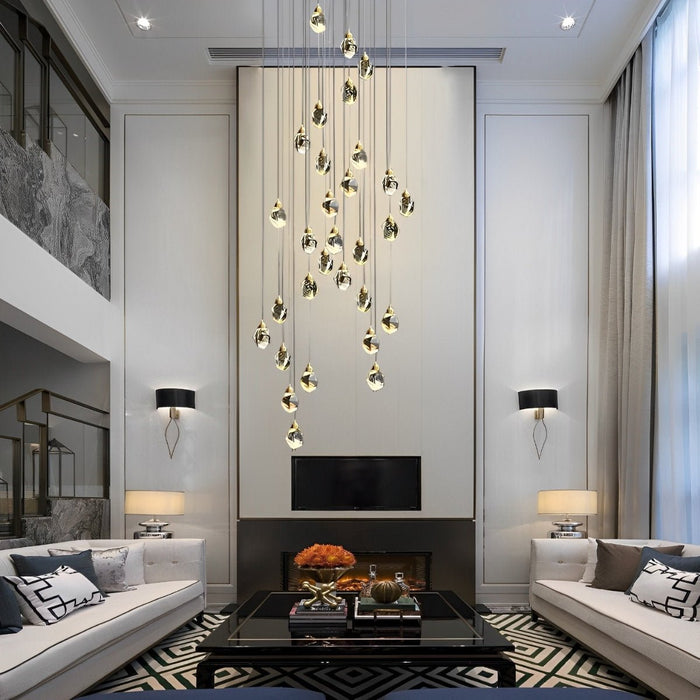 Spiral Crystal Droplets Staircase Chandelier - Modern Duplex Foyer Entryway Pendant Light