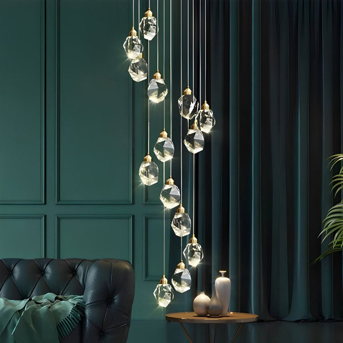 Spiral Crystal Droplets Staircase Chandelier - Modern Duplex Foyer Entryway Pendant Light