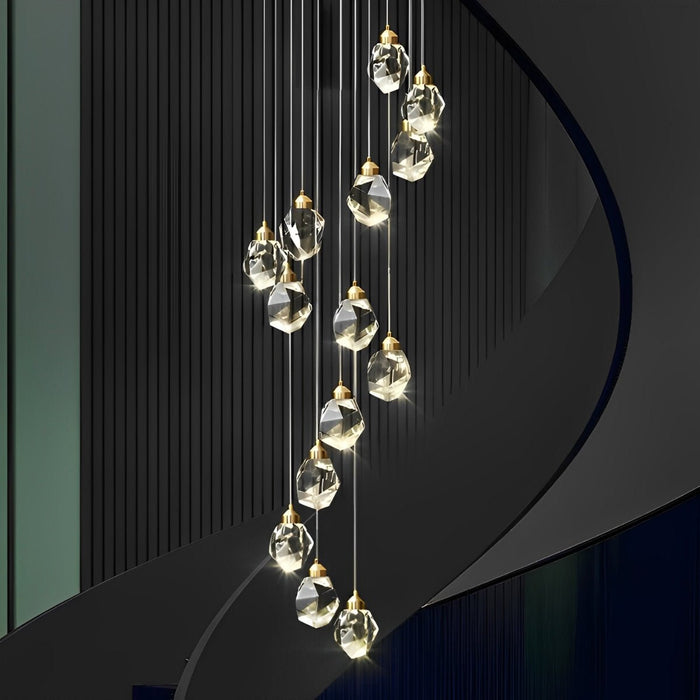 Spiral Crystal Droplets Staircase Chandelier - Modern Duplex Foyer Entryway Pendant Light