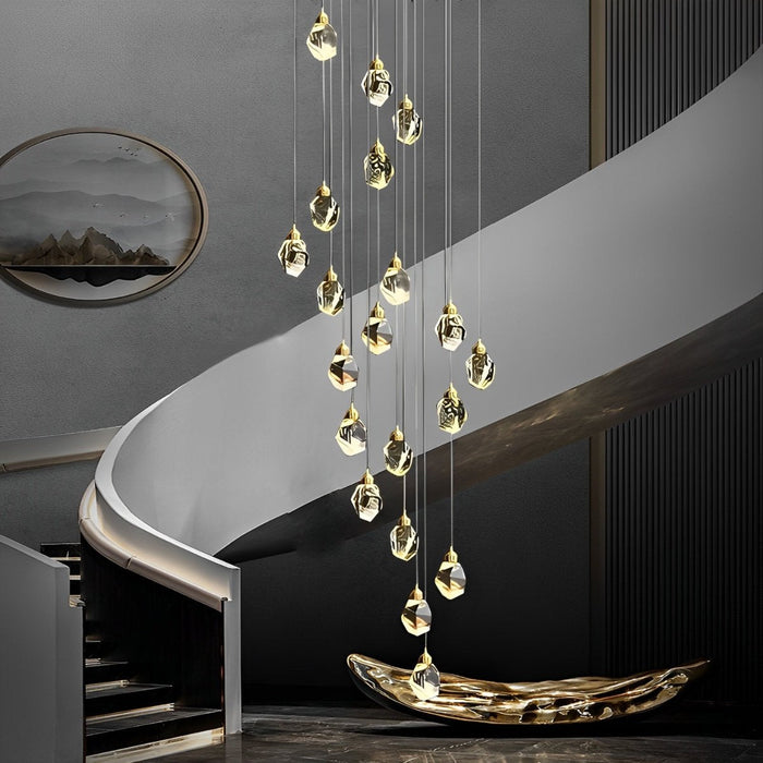 Spiral Crystal Droplets Staircase Chandelier - Modern Duplex Foyer Entryway Pendant Light