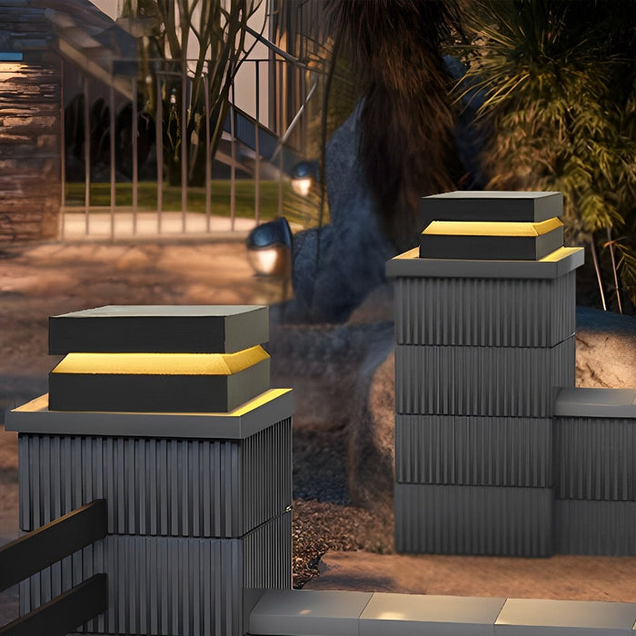 Square Solar Post Cap Light - Modern Black Outdoor Pillar Lamp, Waterproof LED Garden Column