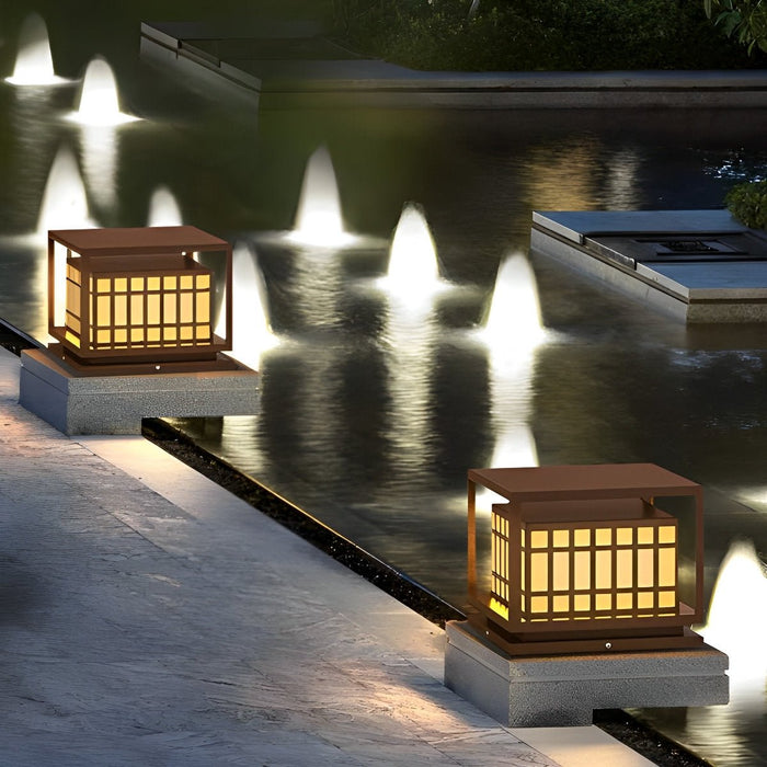 Square LED Outdoor Post Light - Brown Finish / Deck Pillar Column Lamp - Waterproof Garden Lighting