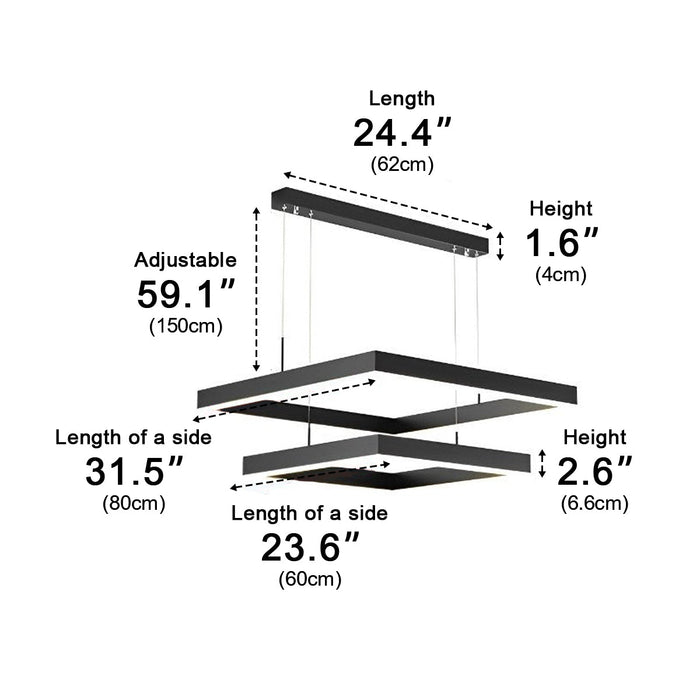 3-Layer Square Pendant Light - Modern Geometric Chandelier, Minimalist Ceiling Fixture for Kitchen Island / Dining Room