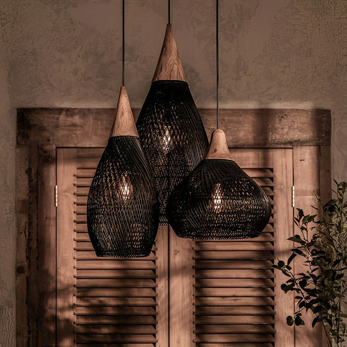 Rattan Teardrop Pendant Light, Boho Woven Hanging Lamp for Dining Room/Kitchen/Bedroom