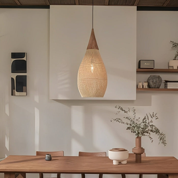 Rattan Teardrop Pendant Light, Boho Woven Hanging Lamp for Dining Room/Kitchen/Bedroom