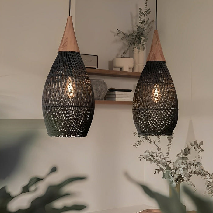 Rattan Teardrop Pendant Light, Boho Woven Hanging Lamp for Dining Room/Kitchen/Bedroom