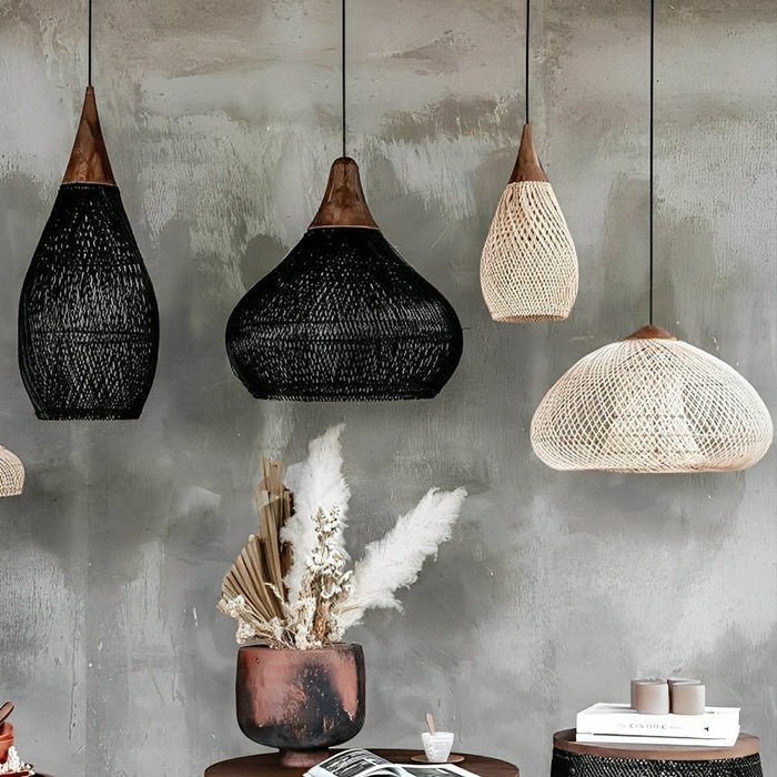 Rattan Teardrop Pendant Light, Boho Woven Hanging Lamp for Dining Room/Kitchen/Bedroom
