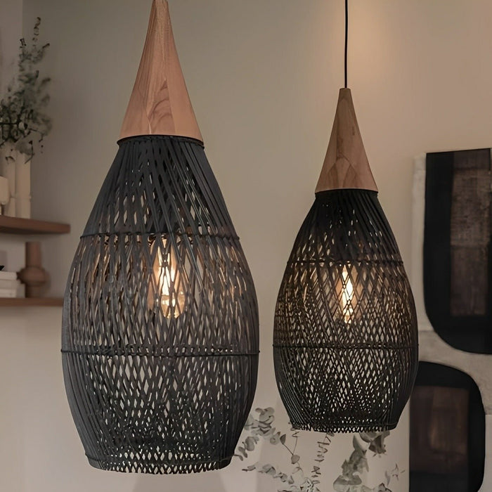 Rattan Teardrop Pendant Light, Boho Woven Hanging Lamp for Dining Room/Kitchen/Bedroom