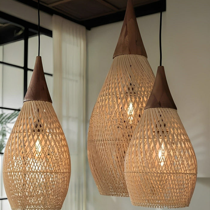Rattan Teardrop Pendant Light, Boho Woven Hanging Lamp for Dining Room/Kitchen/Bedroom