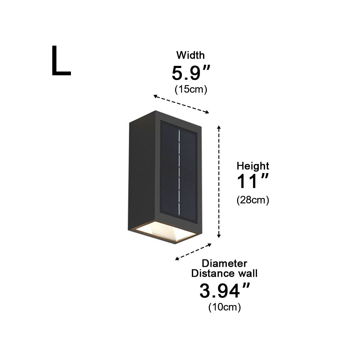 Dimension diagram: solar wall light with a front solar panel, size L, height 28 cm/11 in., width 15 cm/5.9 in., depth from wall 10 cm/3.94 in.