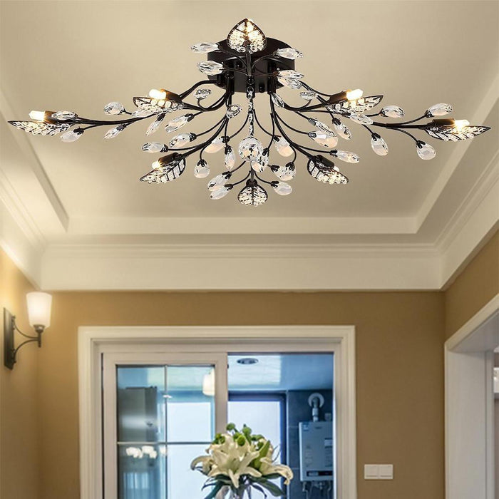 Vintage Crystal Branches Leaf Semi-Flush Mount Chandelier | 8-Light LED. 31.19'' Wide. Antique Brass