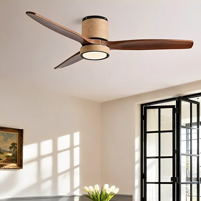 Ceiling Fan with Light - Vintage Coastal Wood, Hemp Rope Design, Reversible DC Motor