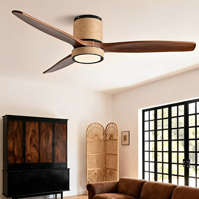 Ceiling Fan with Light - Vintage Coastal Wood, Hemp Rope Design, Reversible DC Motor