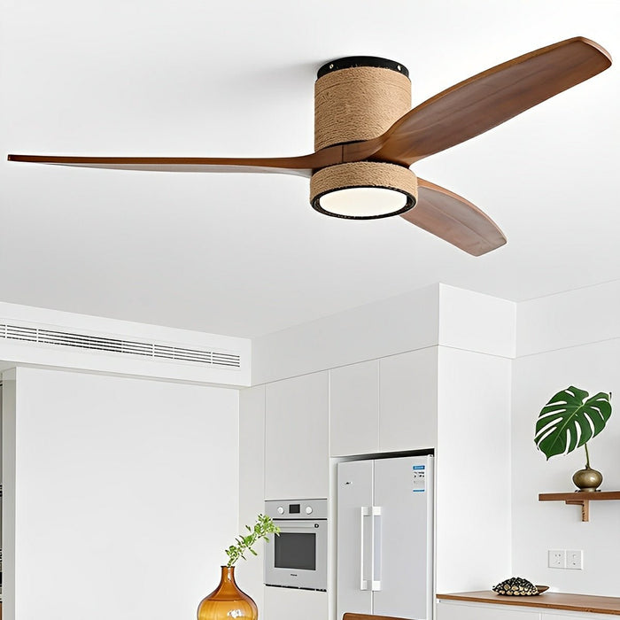 Ceiling Fan with Light - Vintage Coastal Wood, Hemp Rope Design, Reversible DC Motor