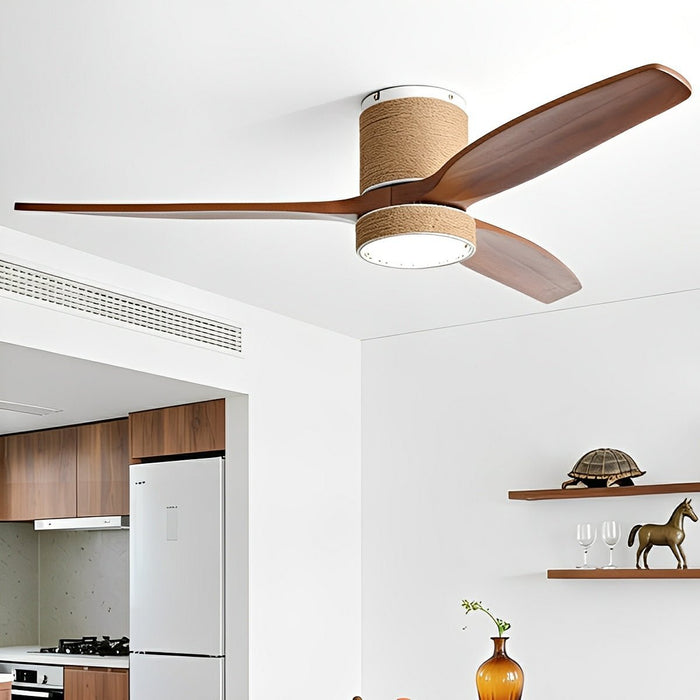 Ceiling Fan with Light - Vintage Coastal Wood, Hemp Rope Design, Reversible DC Motor