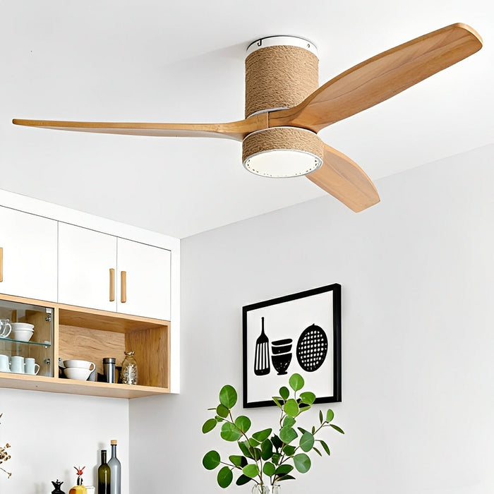 Ceiling Fan with Light - Vintage Coastal Wood, Hemp Rope Design, Reversible DC Motor
