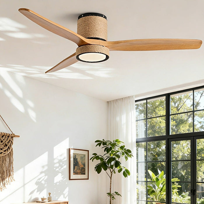 Ceiling Fan with Light - Vintage Coastal Wood, Hemp Rope Design, Reversible DC Motor