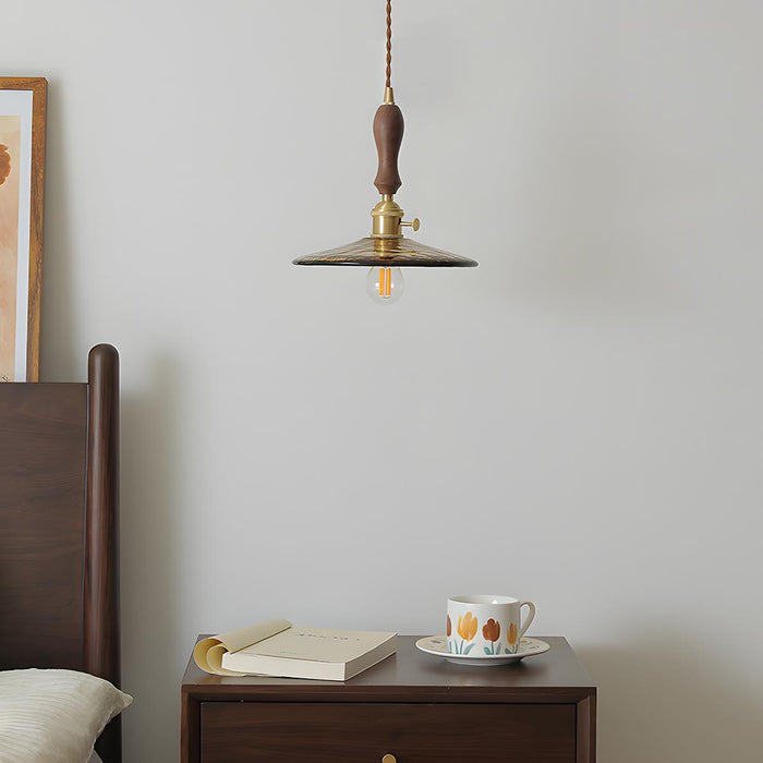 Vintage Golden Walnut Wood Indoor Pendant Light - Adjustable Height - Warm Ambiance Lighting