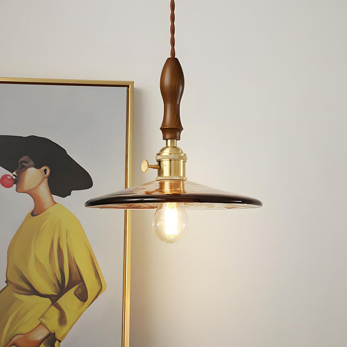 Vintage Golden Walnut Wood Indoor Pendant Light - Adjustable Height - Warm Ambiance Lighting