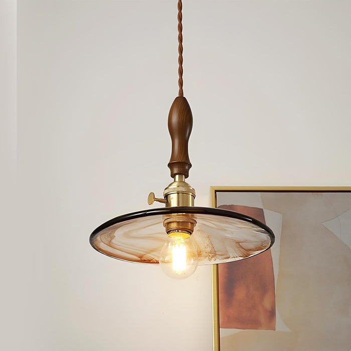 Vintage Golden Walnut Wood Indoor Pendant Light - Adjustable Height - Warm Ambiance Lighting
