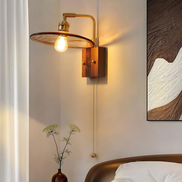 Indoor Wall Sconce - Vintage Golden Walnut Wood, Adjustable LED Lighting for Bedroom, Living Room, Hallway