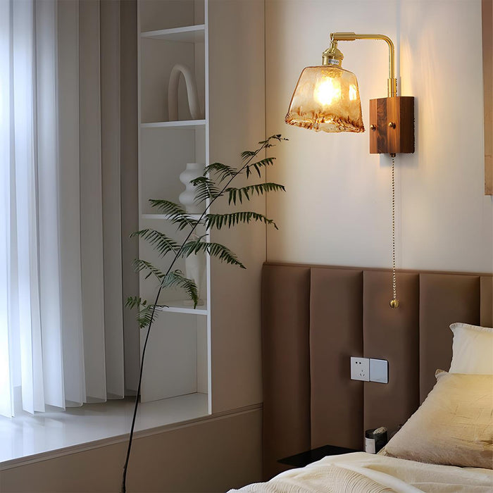 Indoor Wall Sconce - Vintage Golden Walnut Wood, Adjustable LED Lighting for Bedroom, Living Room, Hallway