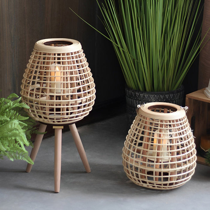 Rattan LED Candle Lantern Floor Lamp - Vintage Handmade Design - Battery Operated