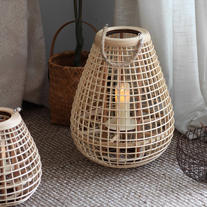 Rattan LED Candle Lantern Floor Lamp - Vintage Handmade Design - Battery Operated