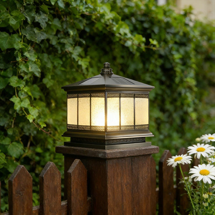 Solar Powered Fence Post Light, Vintage Retro Outdoor Post Cap, IP65 Waterproof, Remote Control, Copper Glass for Yard/Garden/Gate