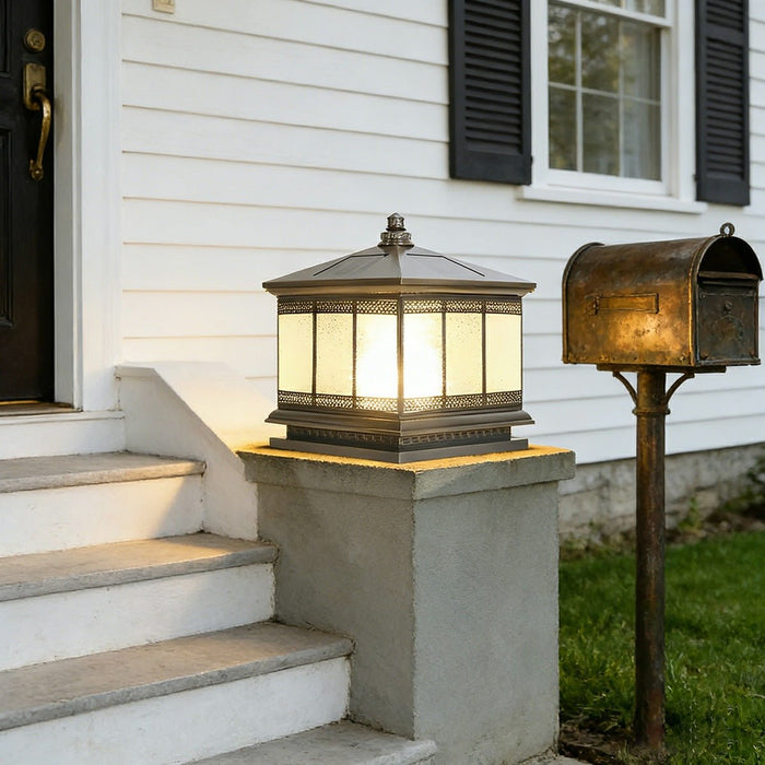 Solar Powered Fence Post Light, Vintage Retro Outdoor Post Cap, IP65 Waterproof, Remote Control, Copper Glass for Yard/Garden/Gate