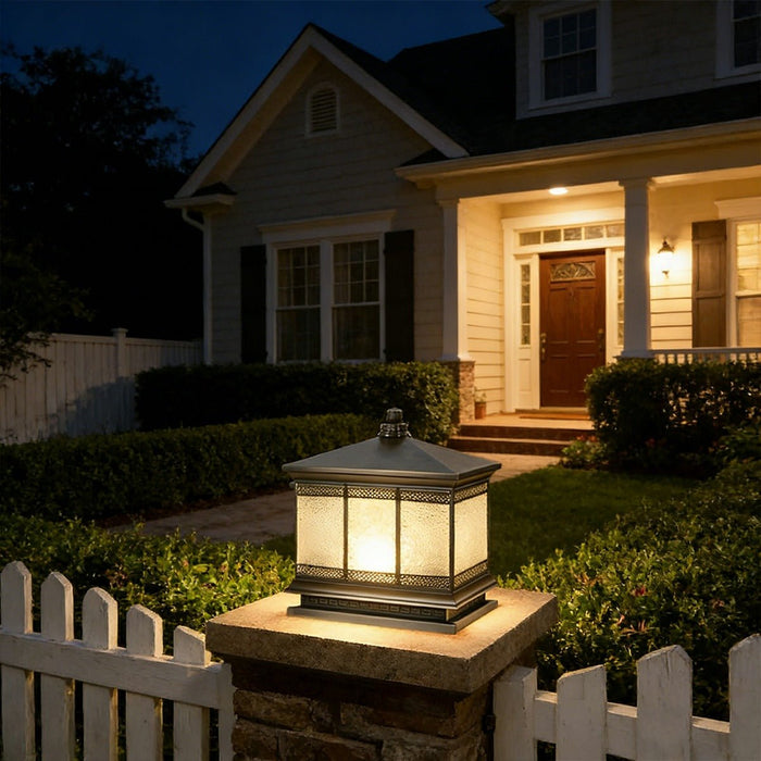 Solar Powered Fence Post Light, Vintage Retro Outdoor Post Cap, IP65 Waterproof, Remote Control, Copper Glass for Yard/Garden/Gate