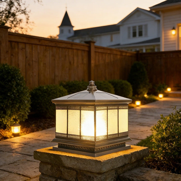 Solar Powered Fence Post Light, Vintage Retro Outdoor Post Cap, IP65 Waterproof, Remote Control, Copper Glass for Yard/Garden/Gate