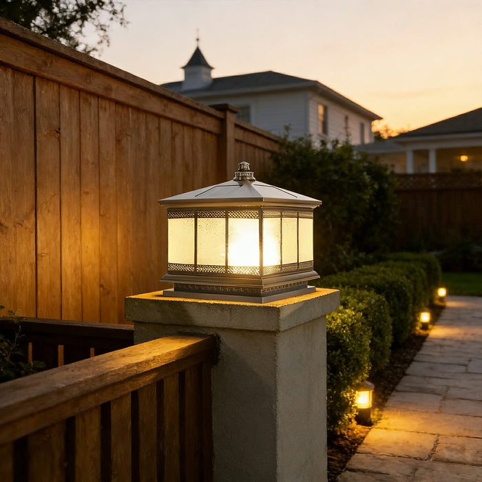 Solar Powered Fence Post Light, Vintage Retro Outdoor Post Cap, IP65 Waterproof, Remote Control, Copper Glass for Yard/Garden/Gate
